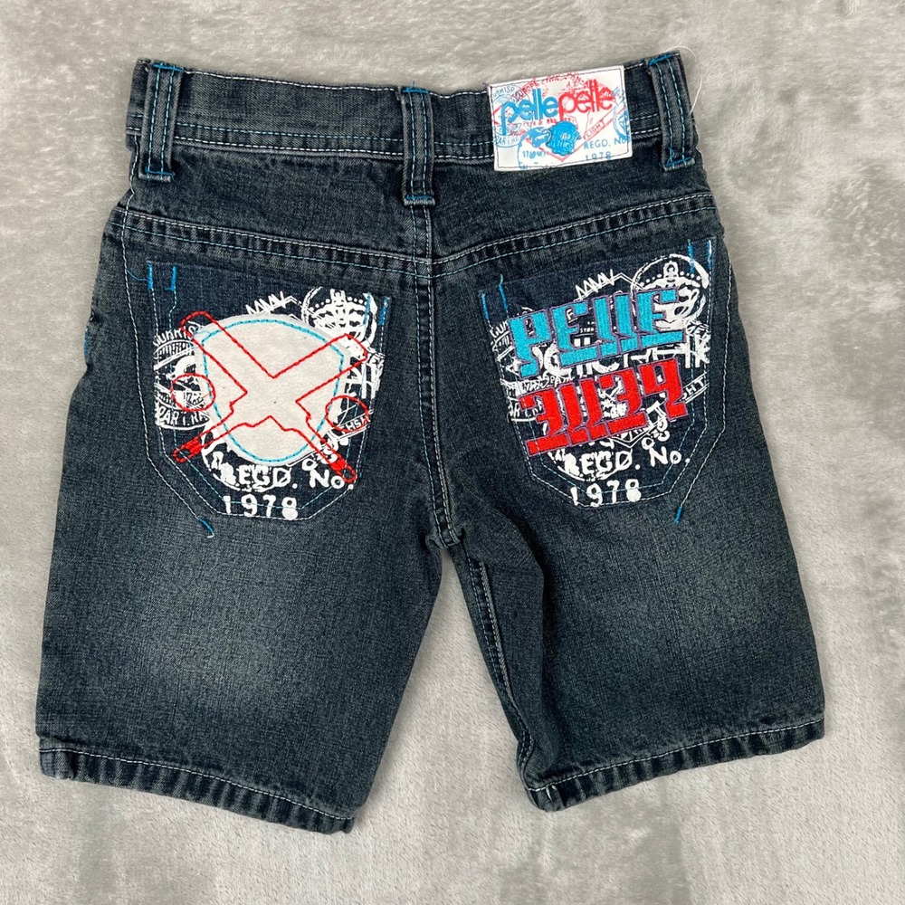 Pelle Pelle Kids Black Denim Shorts Graffiti Graphic Turquoise Stitch Size 5
